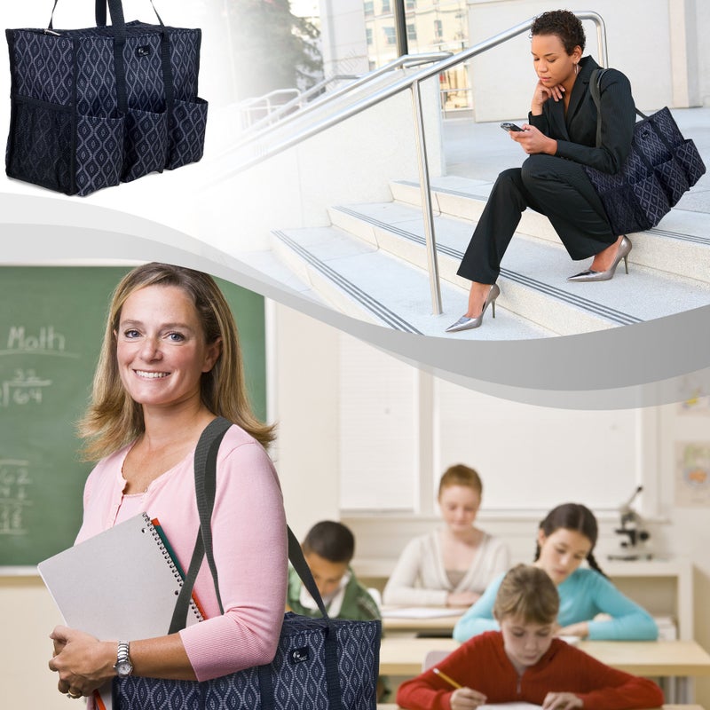 Pursetti Utility Tote with Pockets & Compartments-Perfect Nurse Tote Bag, Teacher Bag, Work Bags for Women & Craft Tote (Black Trellis_Large) - Image 5